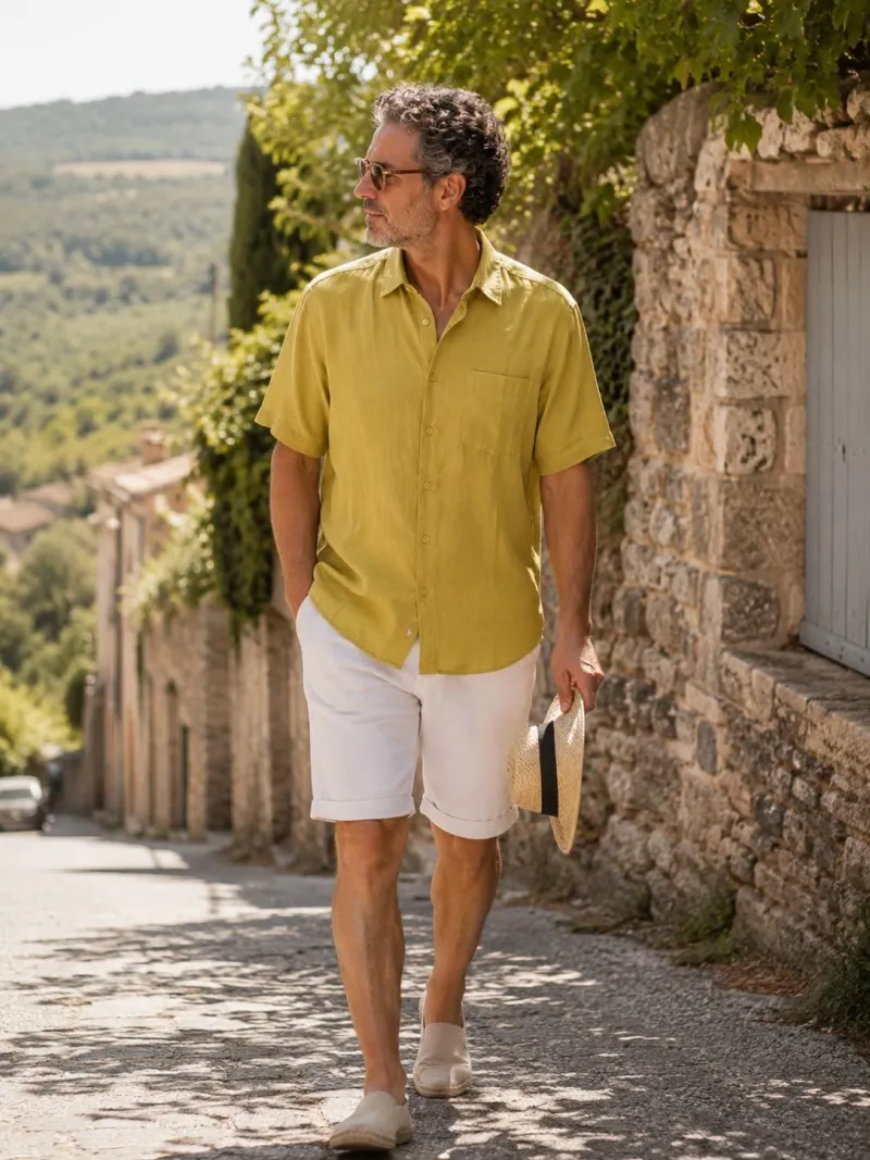 Man wearing a mustard yellow linen short sleeve shirt in the Luberon