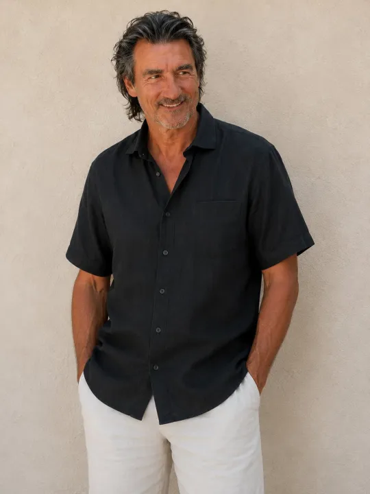 Men's anthracite linen short sleeve shirt with collar – front view