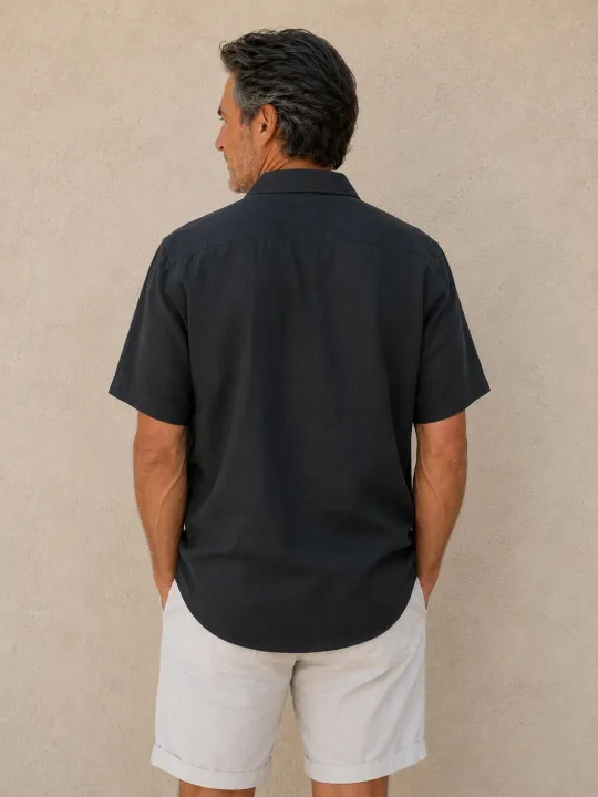 Men's anthracite linen short sleeve shirt with collar – back view