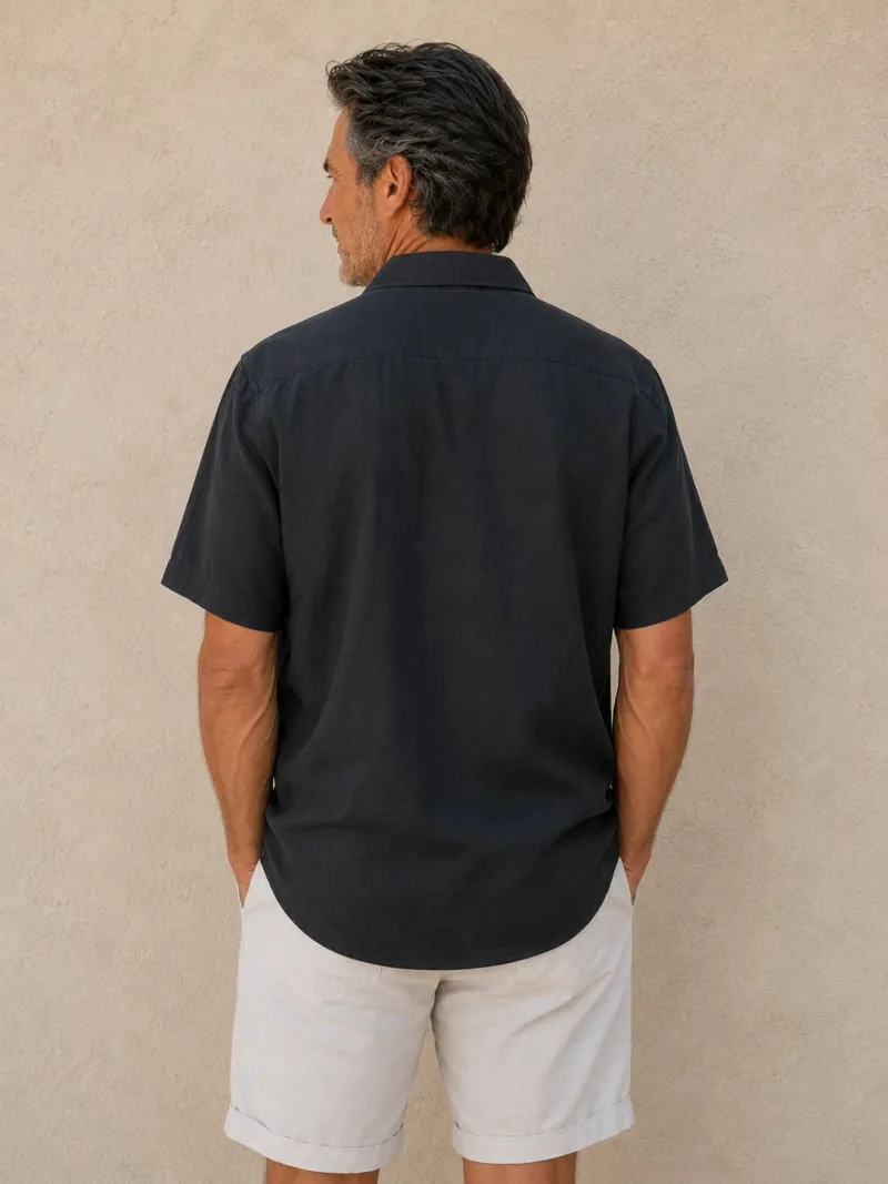 Men's anthracite linen short sleeve shirt with collar – back view