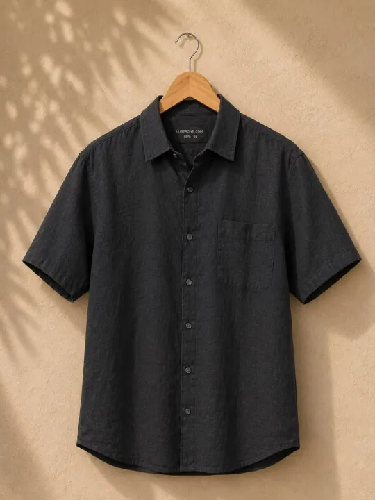 Men's anthracite linen short sleeve shirt with collar on hanger