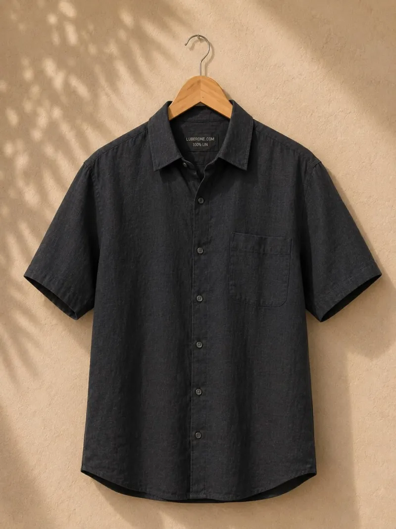 Men's anthracite linen short sleeve shirt with collar on hanger