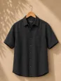 Men's anthracite linen short sleeve shirt with collar on hanger