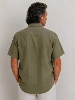 Men's khaki linen short sleeve shirt with collar – back view