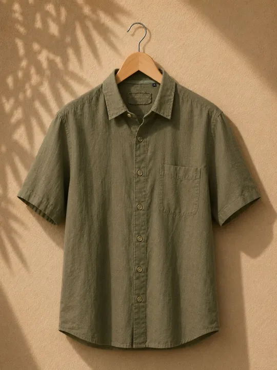 Chemise en lin homme kaki manches courtes avec col sur cintre