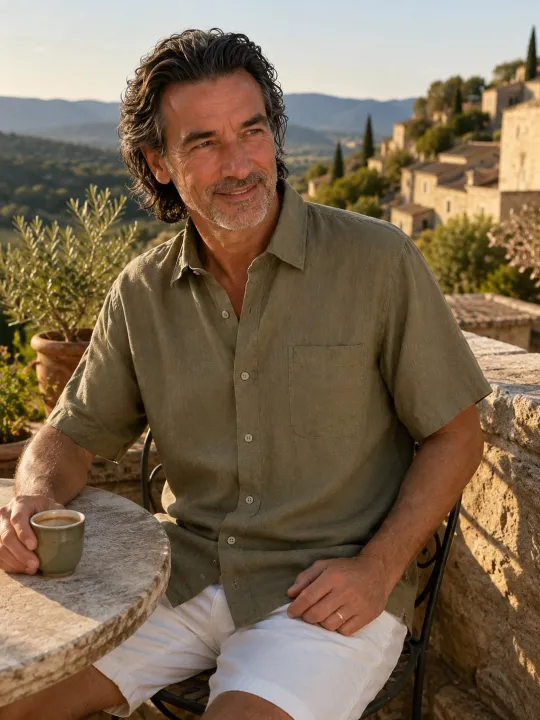 Homme portant une chemise en lin kaki manches courtes dans le Luberon