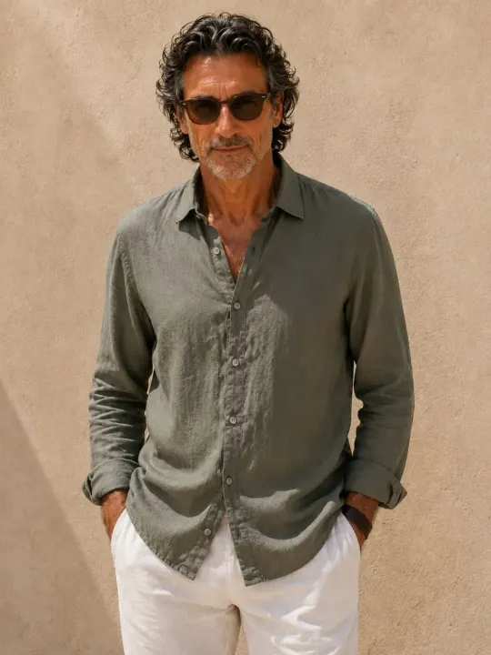 Men's khaki linen long sleeve shirt with collar – front view