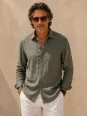 Men's khaki linen long sleeve shirt with collar – front view
