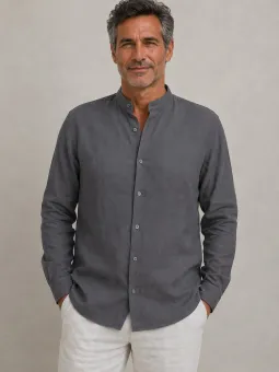 Men's taupe band collar linen shirt – front view