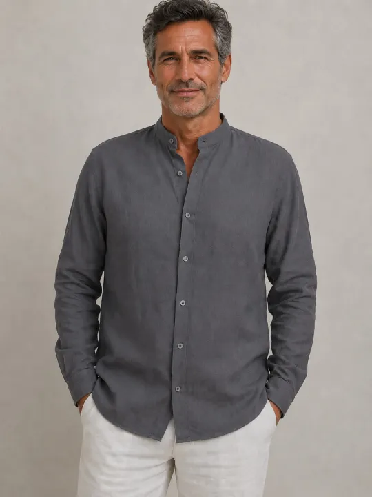 Chemise en lin homme taupe manches longues sans col – vue de face