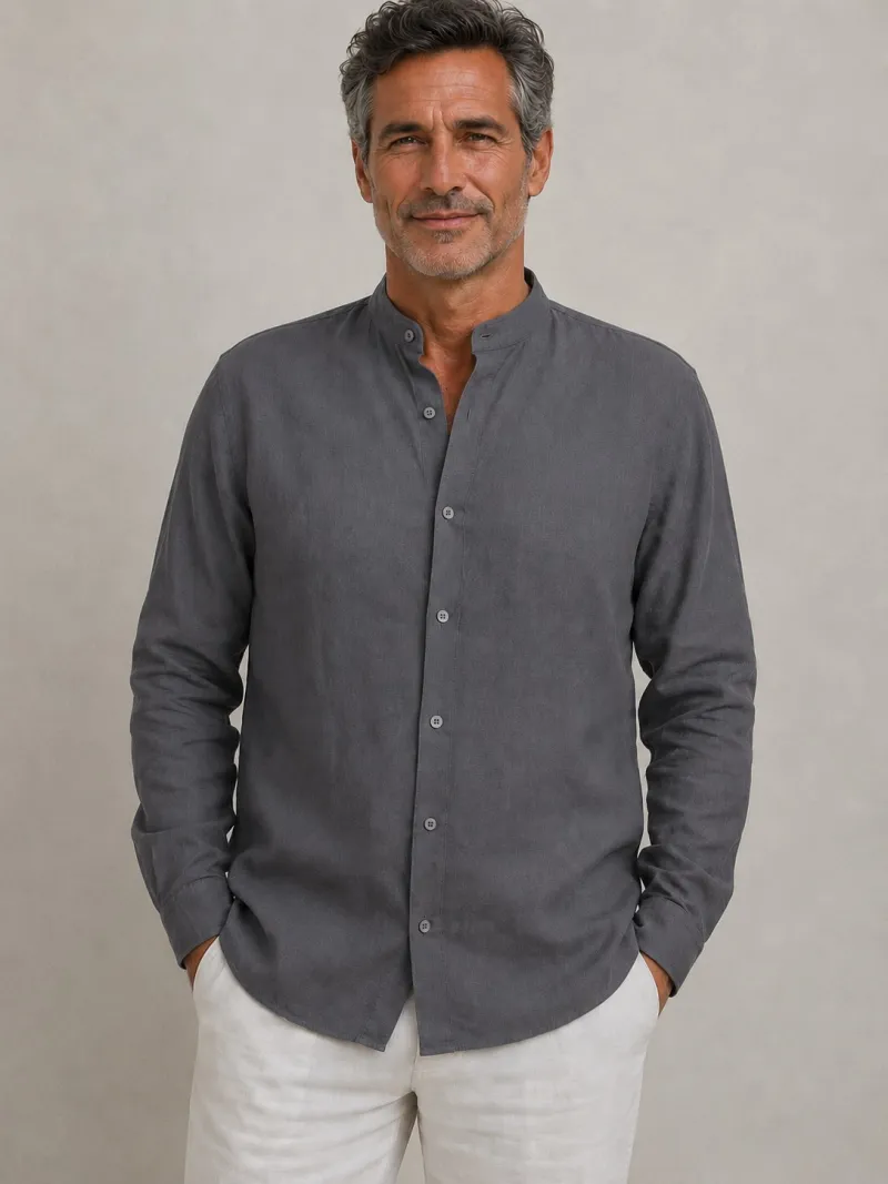 Chemise en lin homme taupe manches longues sans col – vue de face