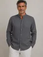 Men's taupe band collar linen shirt – front view