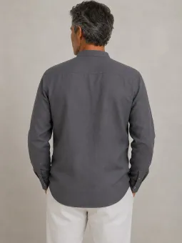 Men's taupe band collar linen shirt – back view