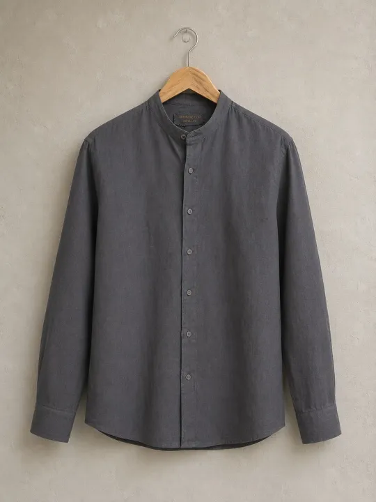 Men's taupe band collar linen shirt on hanger