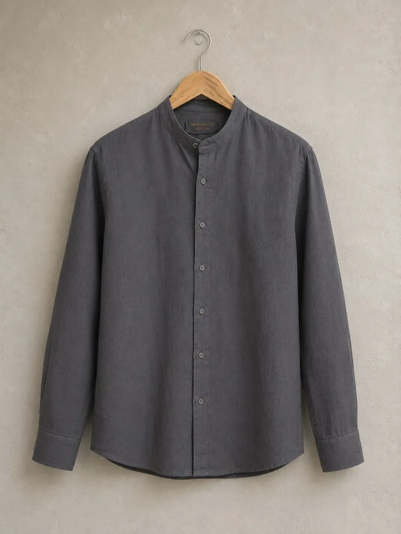 Men's taupe band collar linen shirt on hanger
