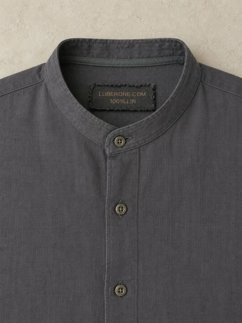 Collar detail of the men's taupe band collar linen shirt