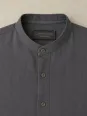 Collar detail of the men's taupe band collar linen shirt