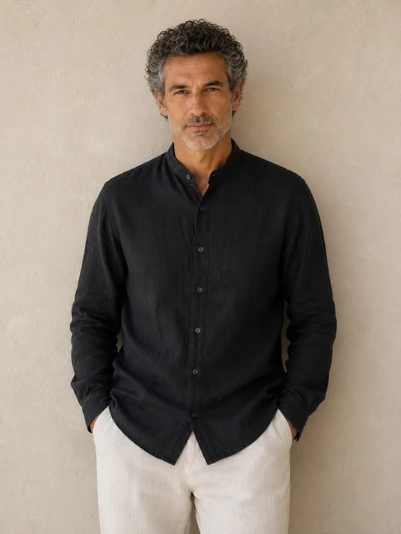 Chemise en lin homme noire manches longues sans col – vue de face