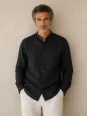 Men's black band collar linen shirt – front view