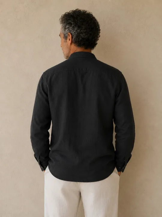 Chemise en lin homme noire manches  longues sans col – vue de dos