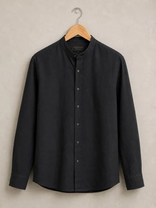 Men's black band collar linen shirt on hanger