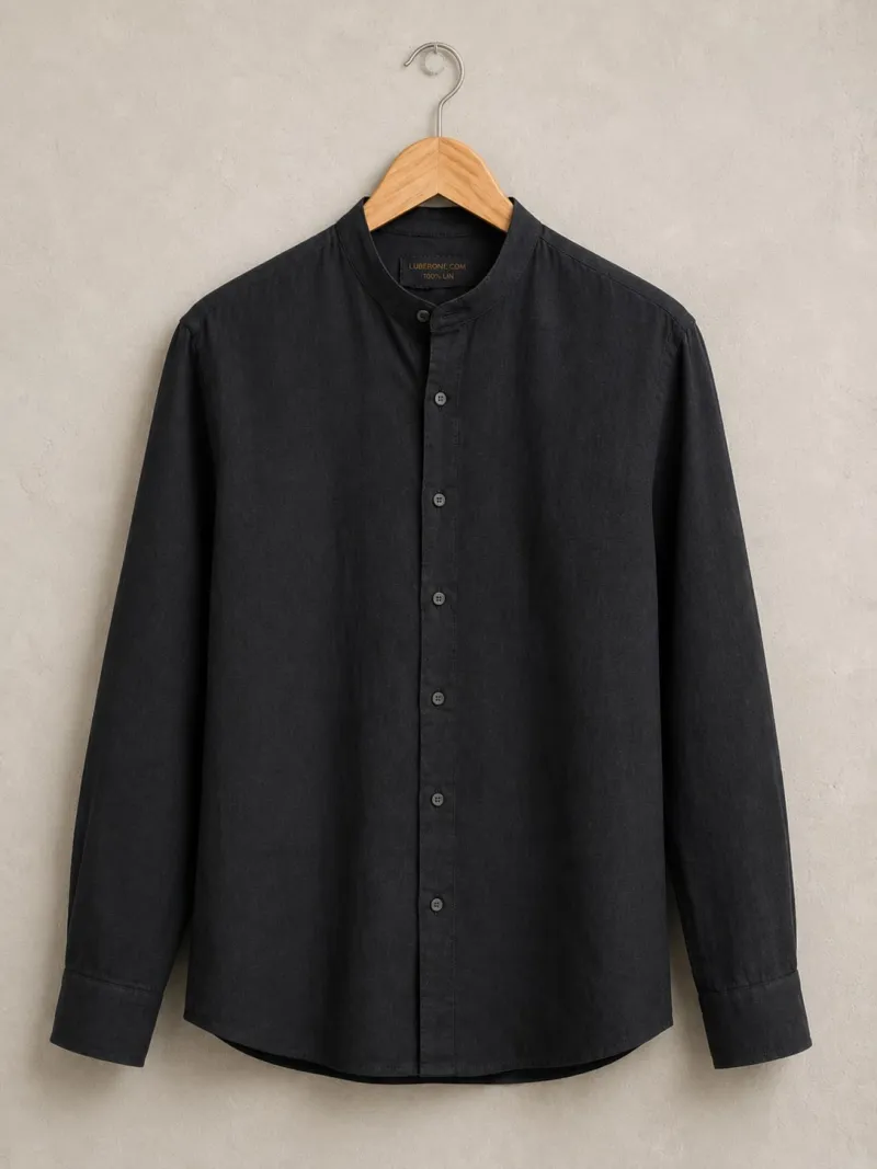 Chemise en lin homme noire manches  longues sans col sur cintre