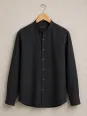 Men's black band collar linen shirt on hanger