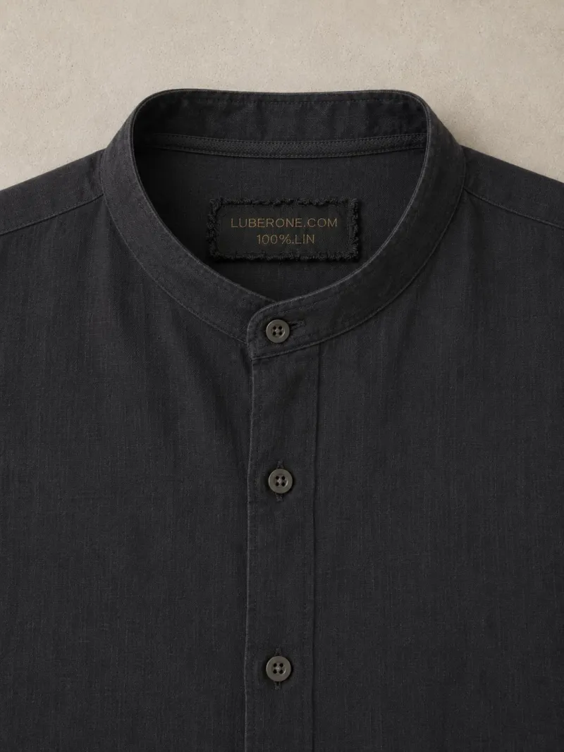 Collar detail of the men's black band collar linen shirt