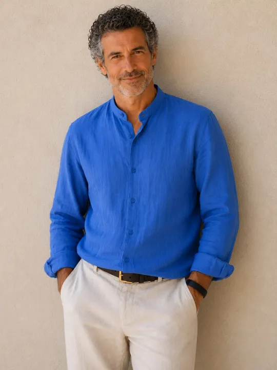 Men's royal blue band collar linen shirt – front view