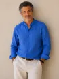 Men's royal blue band collar linen shirt – front view