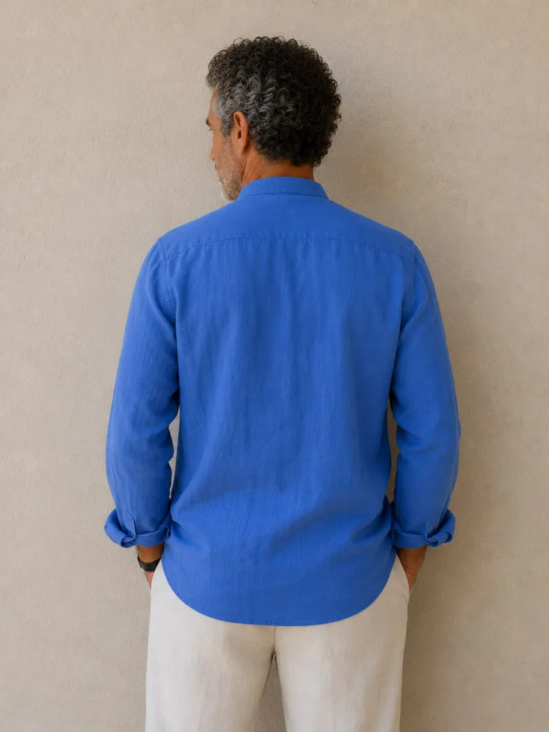 Men's royal blue band collar linen shirt – back view