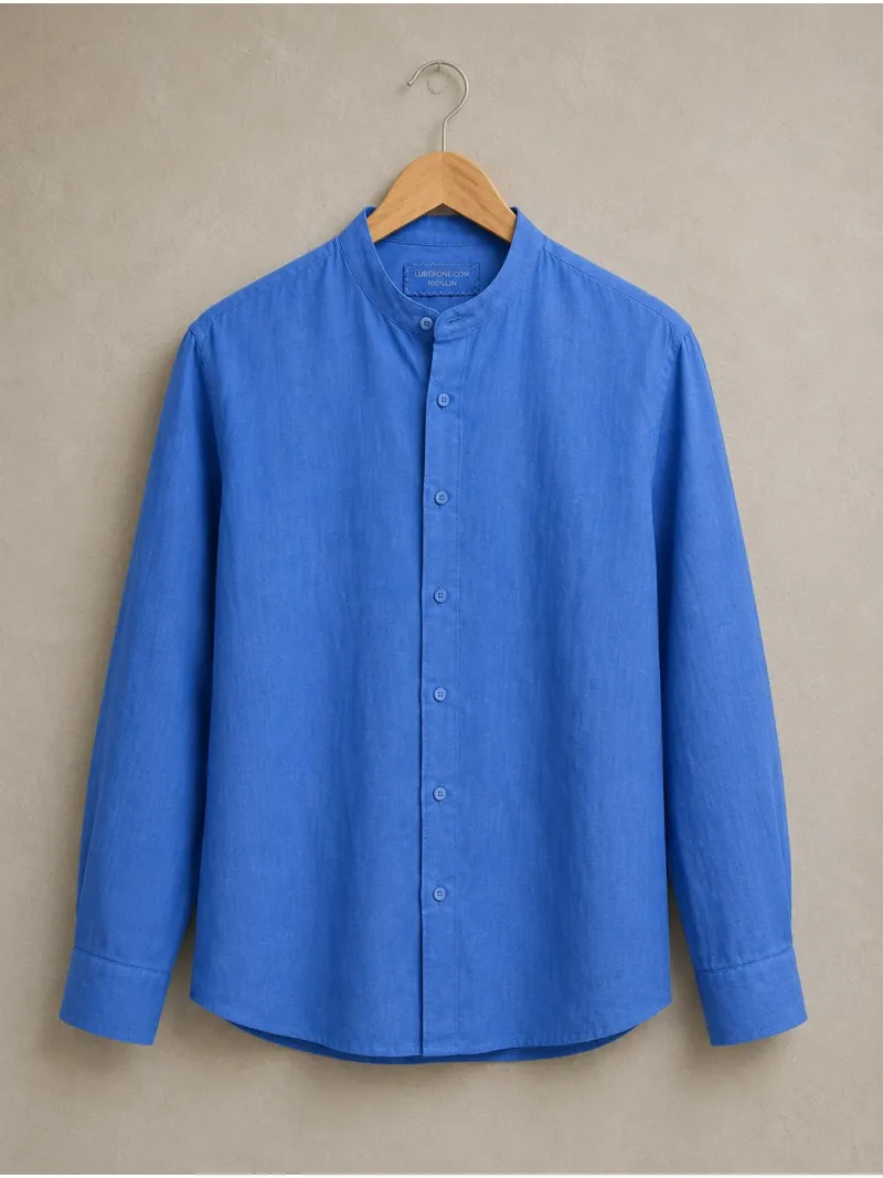 Men's royal blue band collar linen shirt on hanger