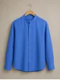 Men's royal blue band collar linen shirt on hanger
