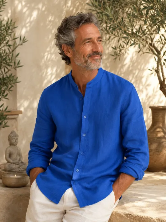 Man wearing a royal blue band collar linen shirt in the Luberon