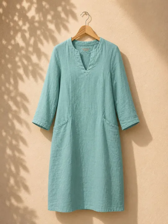 Women's green linen Roussillon dress on hanger with V-neck, 3/4 sleeves and pockets