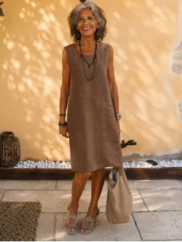 Robe en lin femme café sans manches Lourmarin, vue de face