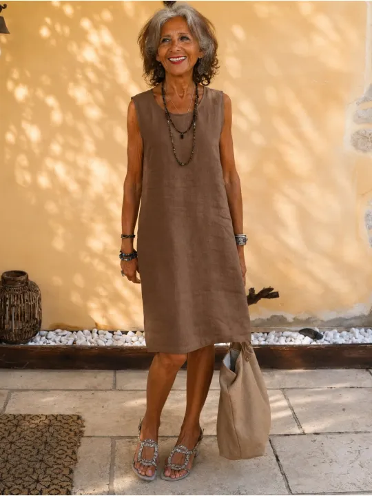 Robe en lin femme café sans manches Lourmarin, vue de face