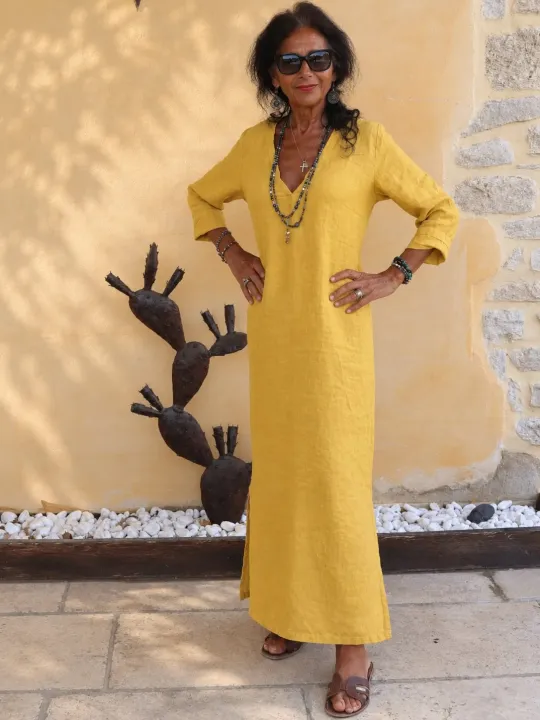 Women's long yellow linen dress with V-neck and long sleeves Rustrel
