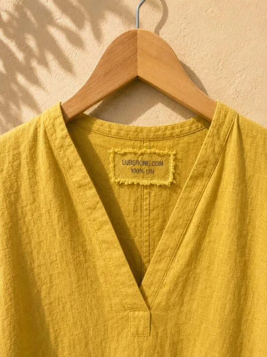 Close-up of the V-neck and linen label of the women's long yellow Rustrel dress