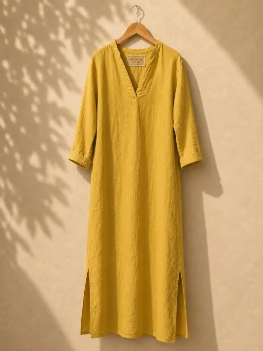 Women's long yellow linen Rustrel dress on hanger