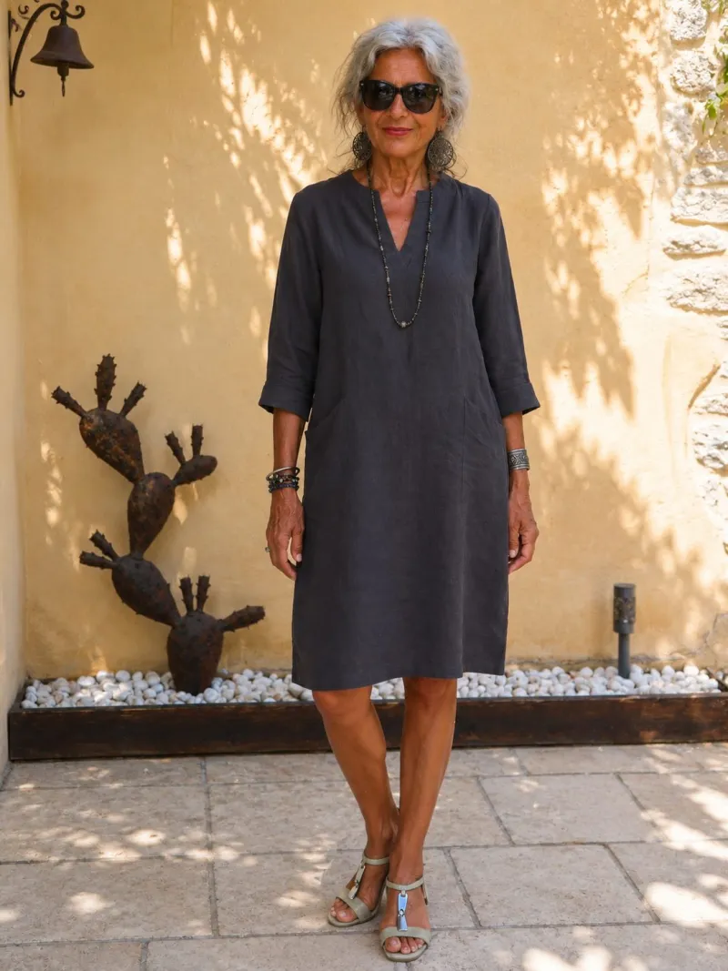Robe en lin femme anthracite col V manches 3/4 avec poches Roussillon de face