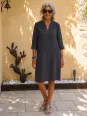 Robe en lin femme anthracite col V manches 3/4 avec poches Roussillon de face
