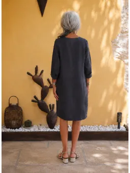 Robe en lin femme anthracite col V manches 3/4 avec poches Roussillon de dos