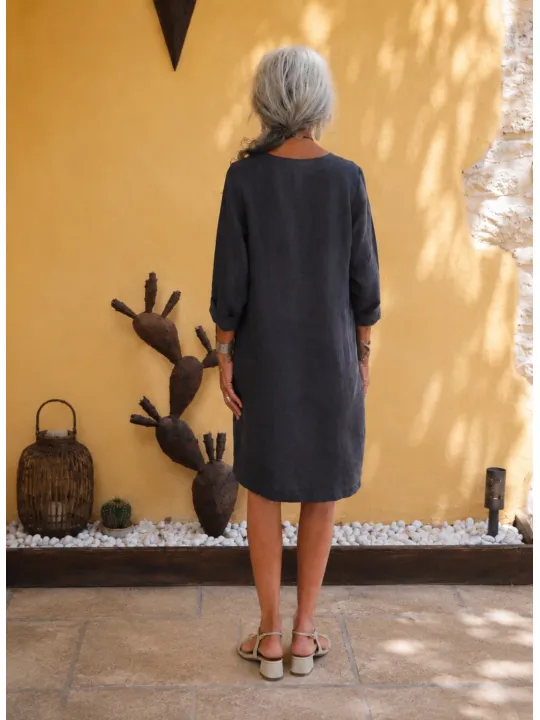 Robe en lin femme anthracite col V manches 3/4 avec poches Roussillon de dos
