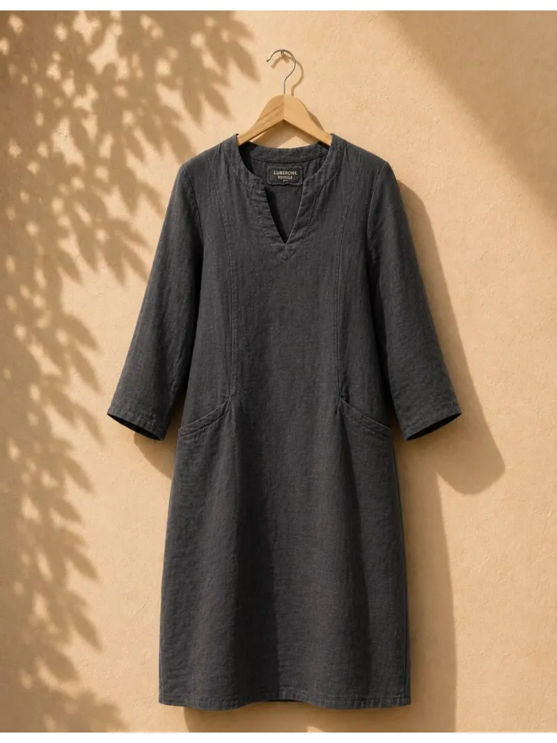 Robe en lin femme anthracite col V manches 3/4 avec poches Roussillon sur cintre