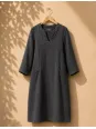 Robe en lin femme anthracite col V manches 3/4 avec poches Roussillon sur cintre