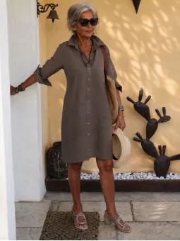 Robe chemise en lin femme taupe manches 3/4 Ménerbes de face