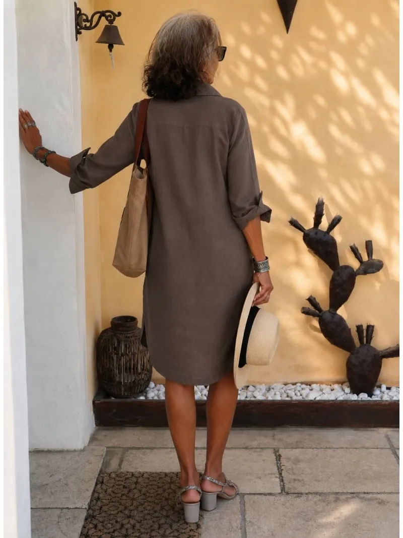 Women's taupe linen shirt dress with 3/4 sleeves Ménerbes back view