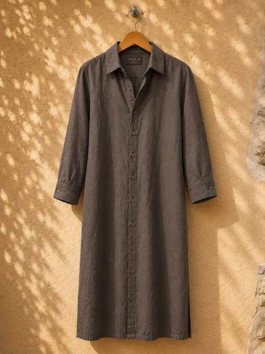 Women's taupe linen shirt dress with 3/4 sleeves Ménerbes on wooden hanger