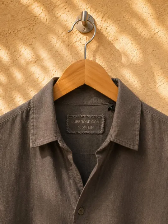 Close-up of the shirt collar and label on the taupe linen Ménerbes dress